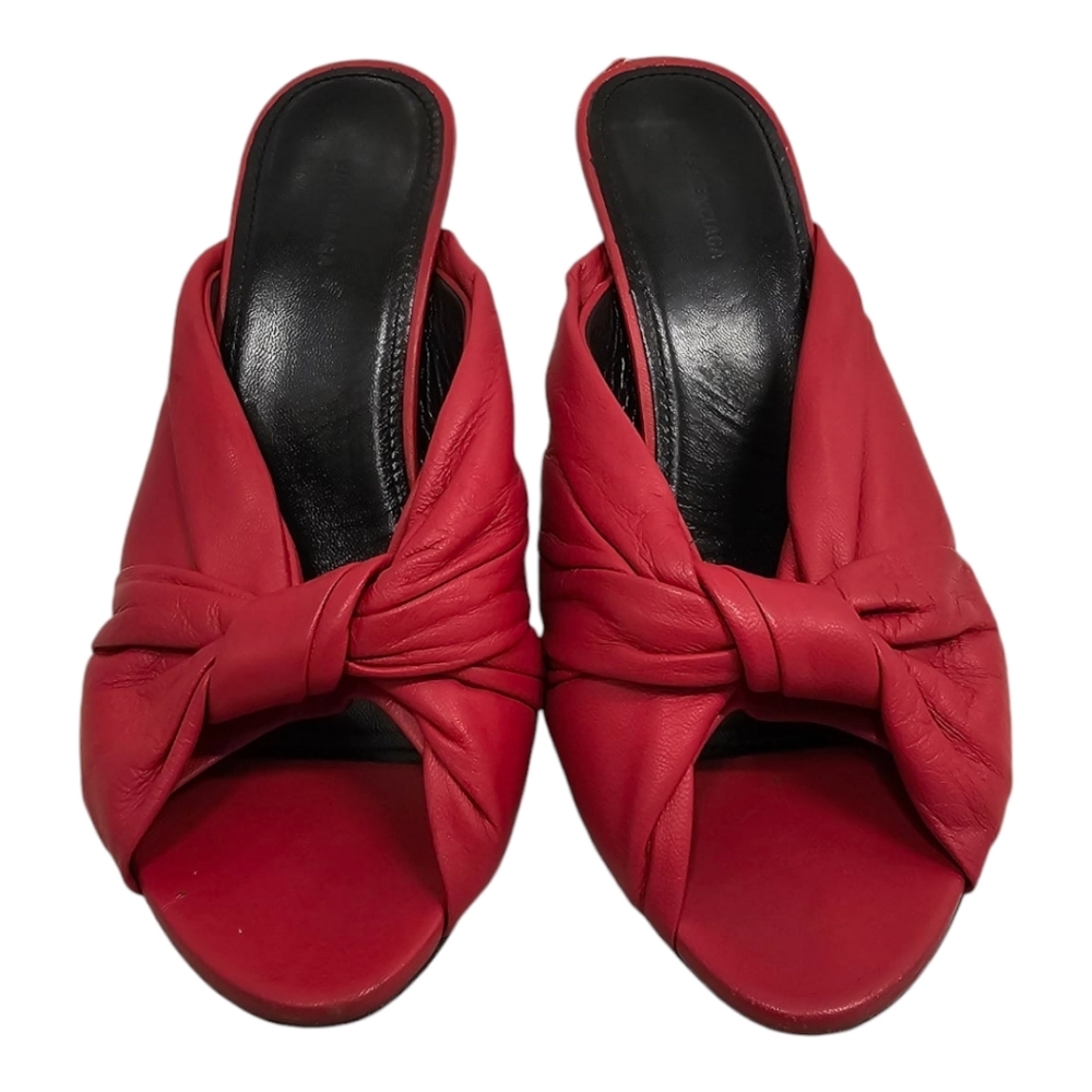 Balenciaga Drapy Red Twisted Leather Knife Open Toe Mule Pumps SZ 36